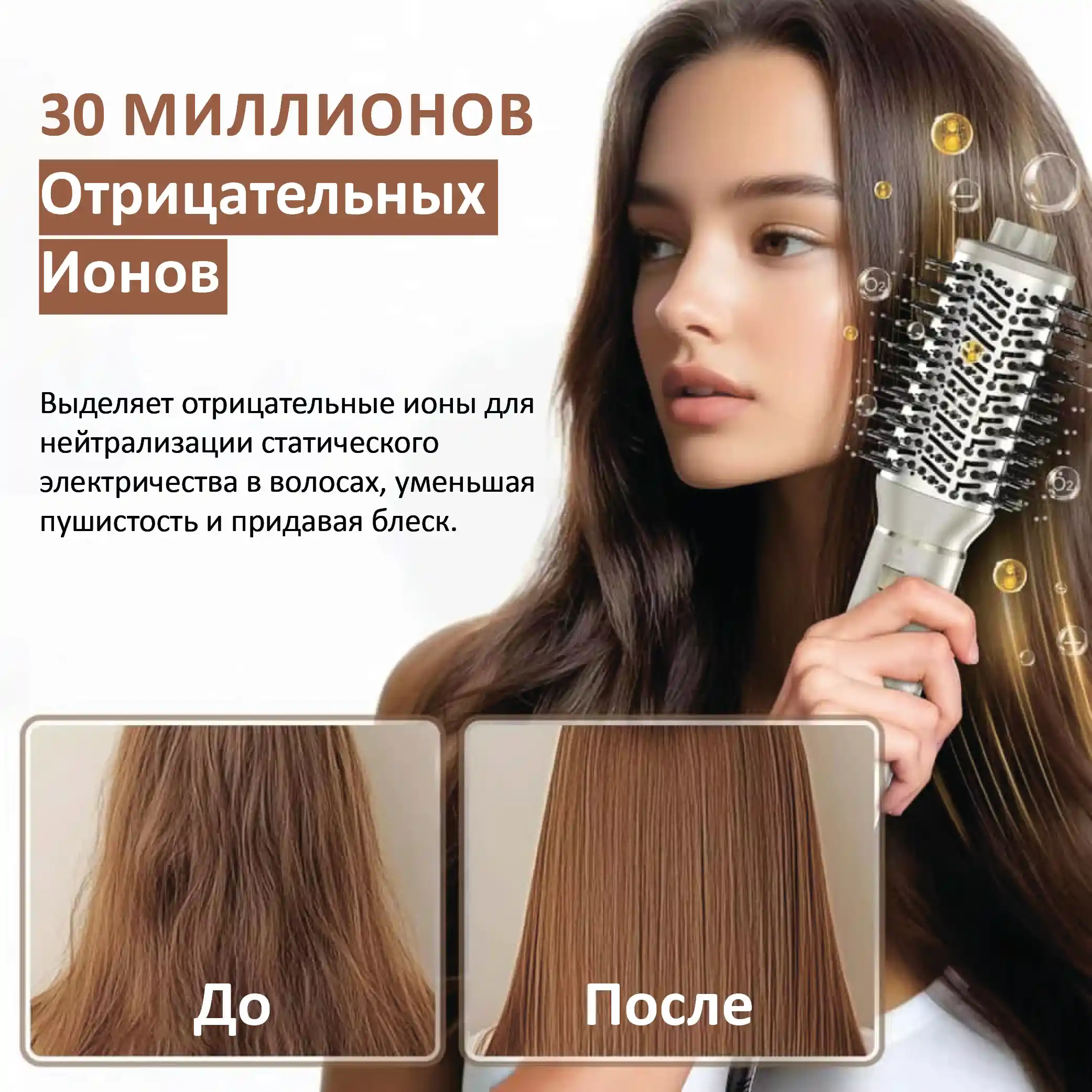 30 миллионов отрицательных ионов Выделяет отрицательные ионы для нейтрализации статического электричества в волосах, уменьшая пушистость и придавая блеск. До - После